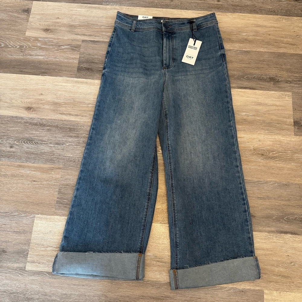 Oat New York High Rise Wide Leg Raw Hem Women’s Denim Jeans Size 12 / 31 NWT - Picture 3 of 10